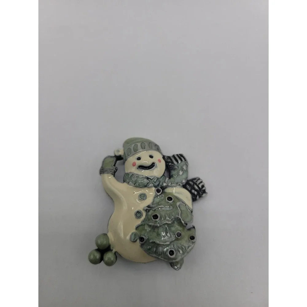 AS Snowman Christmas Brooch Silver Tone Beige Tree Figural Rhinestone Pin Brooch